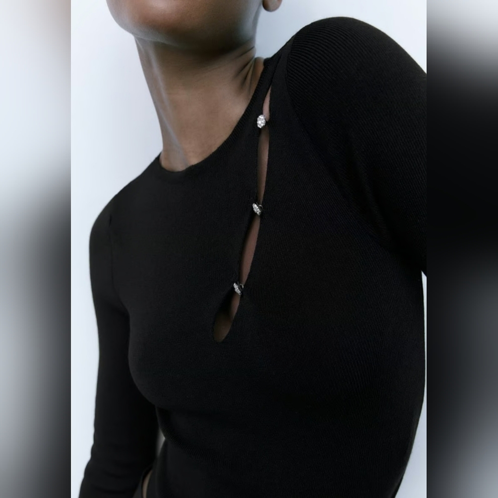 Zara Black Long Sleeve Top with Rhinestone Detail